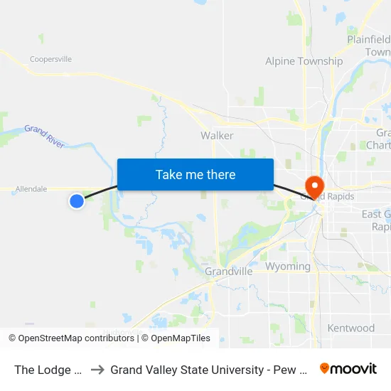 The Lodge (Eb) to Grand Valley State University - Pew Campus map