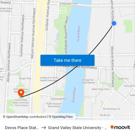 Devos Place Station (Nb) to Grand Valley State University - Pew Campus map
