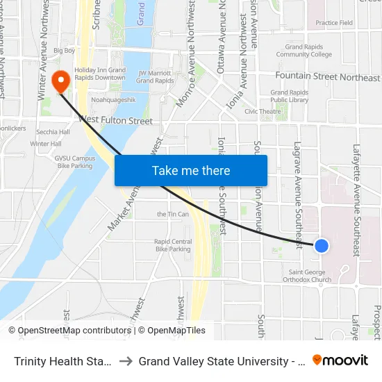 Trinity Health Station (Nb) to Grand Valley State University - Pew Campus map
