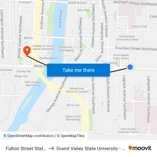 Fulton Street Station (Nb) to Grand Valley State University - Pew Campus map