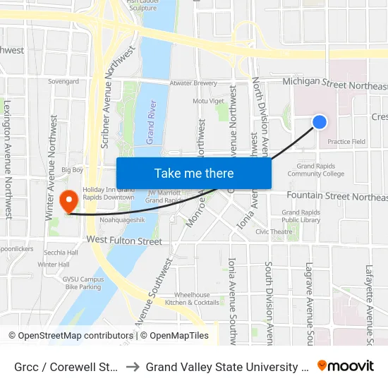Grcc / Corewell Station (Nb) to Grand Valley State University - Pew Campus map