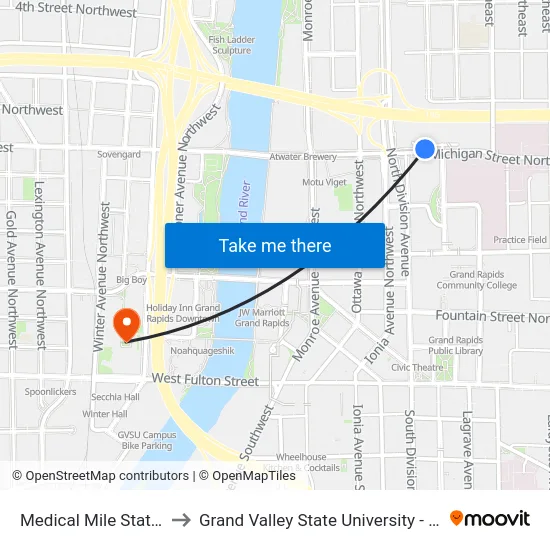 Medical Mile Station (Wb) to Grand Valley State University - Pew Campus map