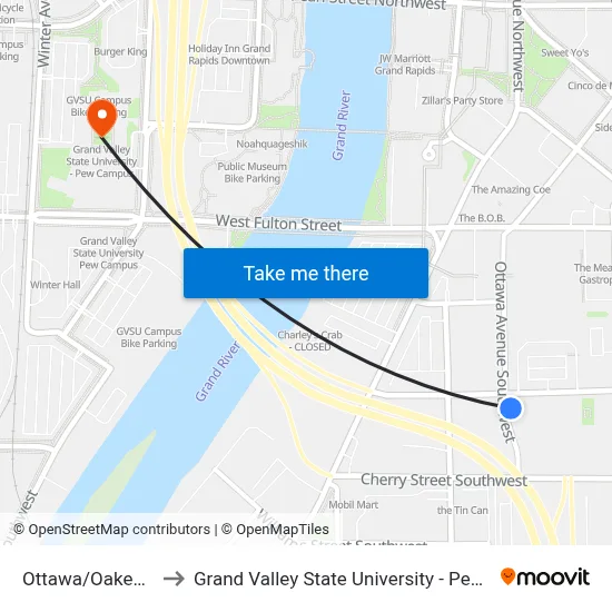 Ottawa/Oakes (Nb) to Grand Valley State University - Pew Campus map
