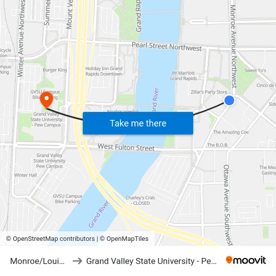 Monroe/Louis (Sb) to Grand Valley State University - Pew Campus map