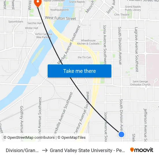 Division/Grant (Sb) to Grand Valley State University - Pew Campus map