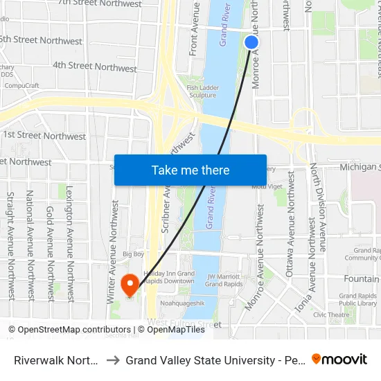 Riverwalk North (Cw) to Grand Valley State University - Pew Campus map