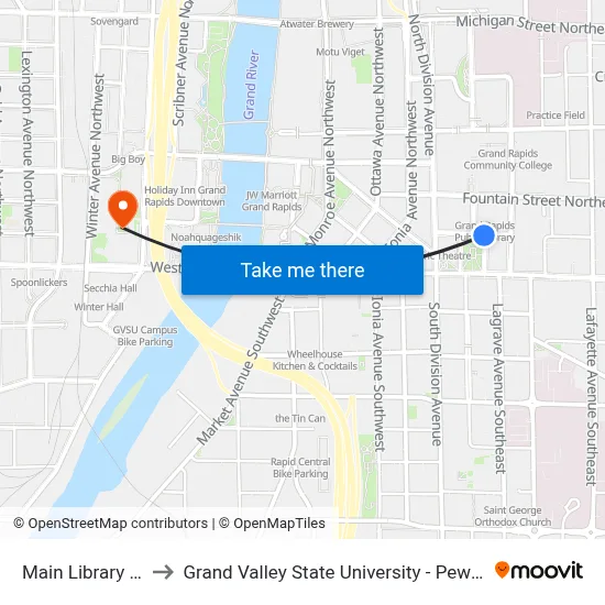 Main Library (Cw) to Grand Valley State University - Pew Campus map