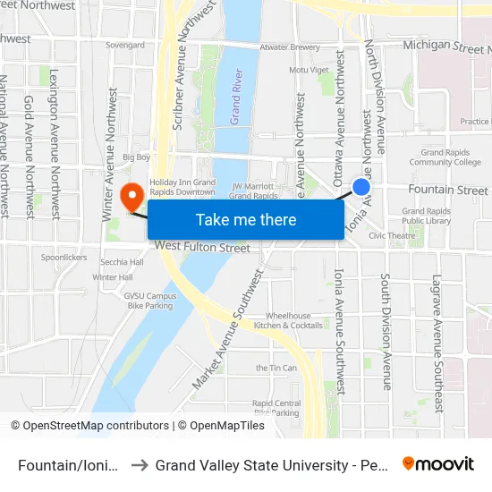 Fountain/Ionia (Eb) to Grand Valley State University - Pew Campus map