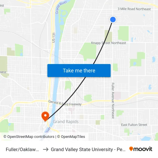 Fuller/Oaklawn (Nb) to Grand Valley State University - Pew Campus map