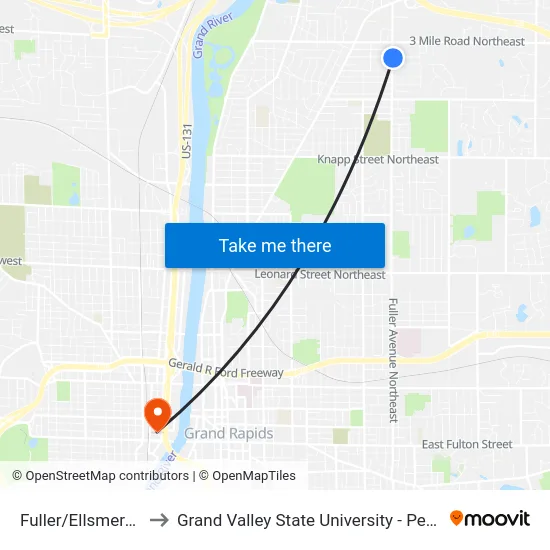 Fuller/Ellsmere (Nb) to Grand Valley State University - Pew Campus map