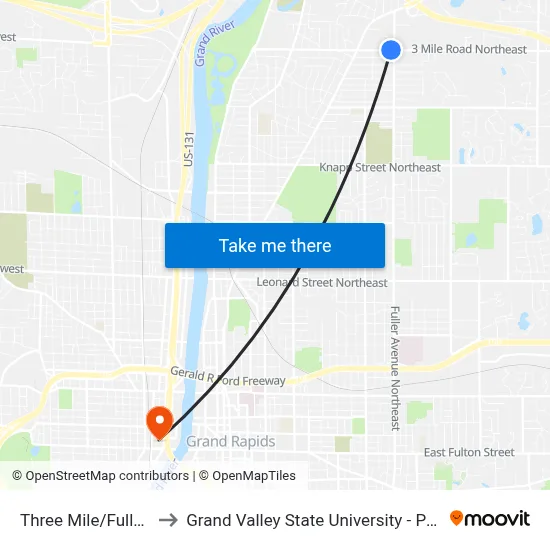 Three Mile/Fuller (Wb) to Grand Valley State University - Pew Campus map