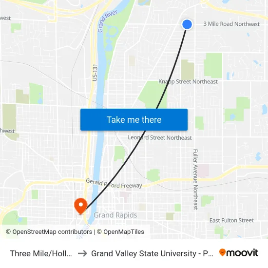 Three Mile/Hollis (Wb) to Grand Valley State University - Pew Campus map