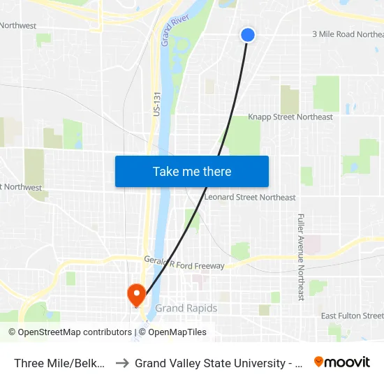 Three Mile/Belknap (Eb) to Grand Valley State University - Pew Campus map
