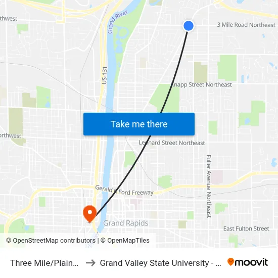 Three Mile/Plainfield (Eb) to Grand Valley State University - Pew Campus map