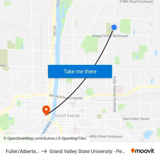 Fuller/Alberta (Sb) to Grand Valley State University - Pew Campus map