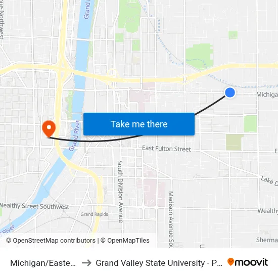Michigan/Eastern (Wb) to Grand Valley State University - Pew Campus map