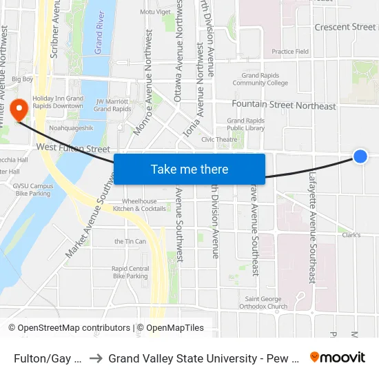 Fulton/Gay (Eb) to Grand Valley State University - Pew Campus map