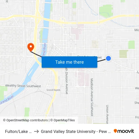 Fulton/Lake (Eb) to Grand Valley State University - Pew Campus map