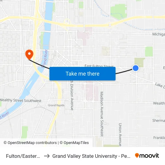 Fulton/Eastern (Eb) to Grand Valley State University - Pew Campus map