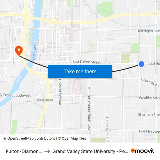 Fulton/Diamond (Eb) to Grand Valley State University - Pew Campus map