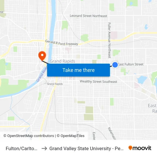 Fulton/Carlton (Eb) to Grand Valley State University - Pew Campus map