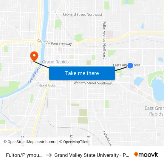 Fulton/Plymouth (Eb) to Grand Valley State University - Pew Campus map