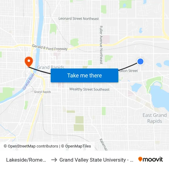 Lakeside/Romence (Nb) to Grand Valley State University - Pew Campus map