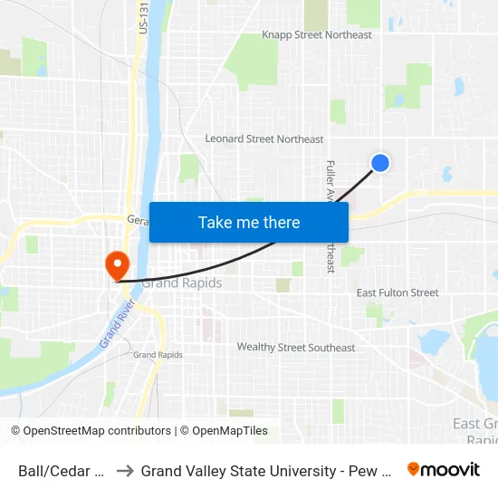 Ball/Cedar (Sb) to Grand Valley State University - Pew Campus map