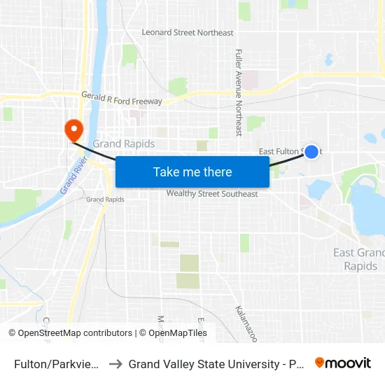 Fulton/Parkview (Wb) to Grand Valley State University - Pew Campus map