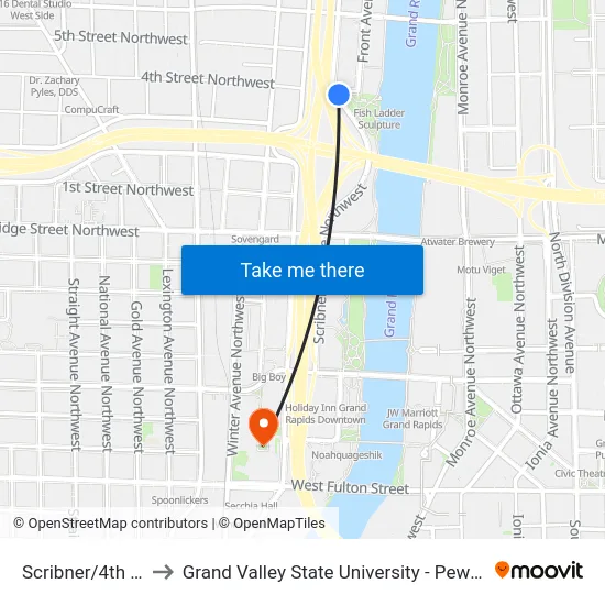 Scribner/4th (Nb) to Grand Valley State University - Pew Campus map
