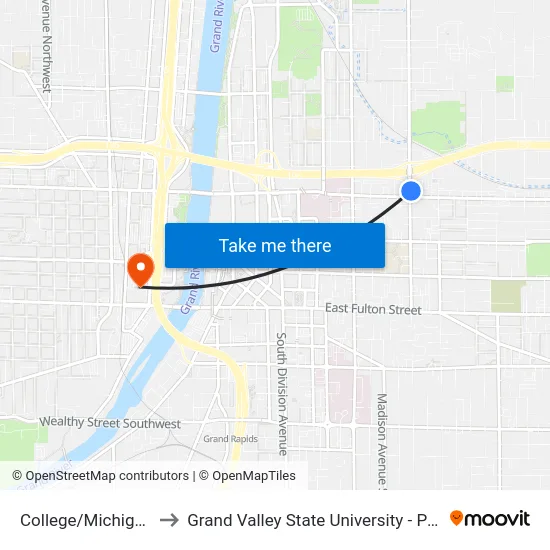 College/Michigan (Nb) to Grand Valley State University - Pew Campus map