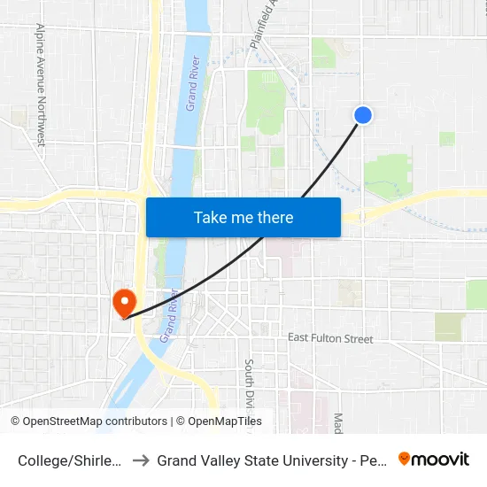 College/Shirley (Nb) to Grand Valley State University - Pew Campus map