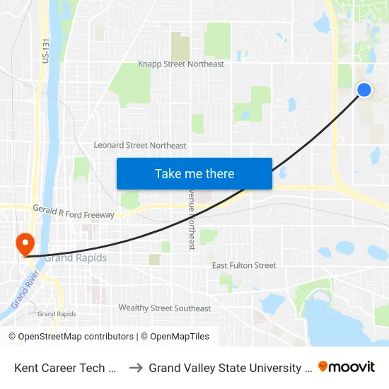 Kent Career Tech Center (Nb) to Grand Valley State University - Pew Campus map