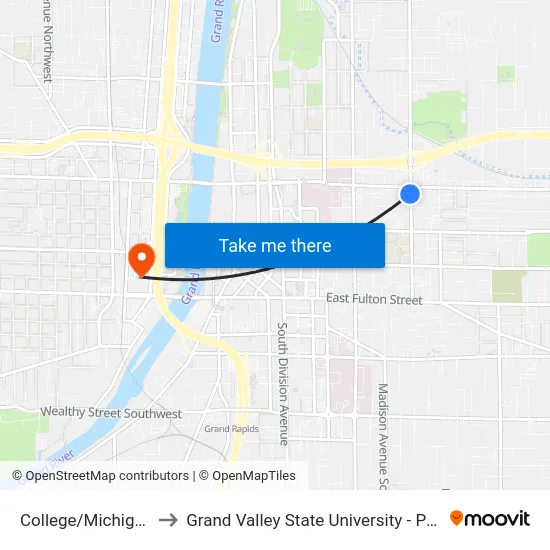 College/Michigan (Sb) to Grand Valley State University - Pew Campus map