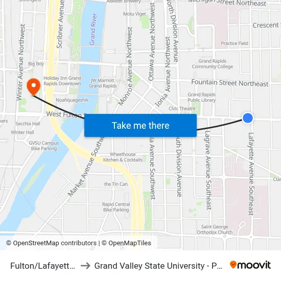 Fulton/Lafayette (Wb) to Grand Valley State University - Pew Campus map