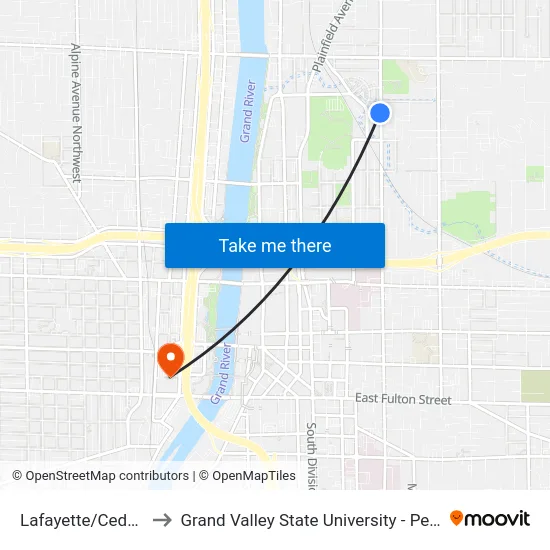 Lafayette/Cedar (Sb) to Grand Valley State University - Pew Campus map