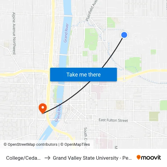 College/Cedar (Nb) to Grand Valley State University - Pew Campus map