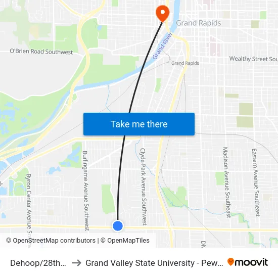 Dehoop/28th (Nb) to Grand Valley State University - Pew Campus map