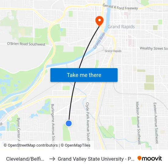 Cleveland/Belfield (Nb) to Grand Valley State University - Pew Campus map