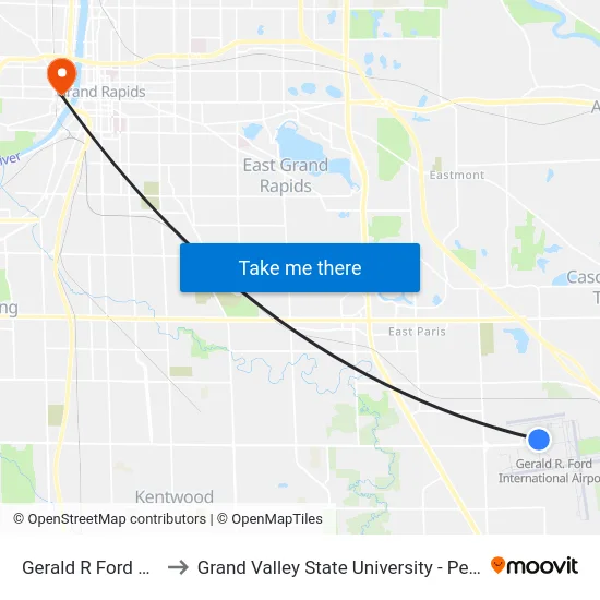 Gerald R Ford Airport to Grand Valley State University - Pew Campus map