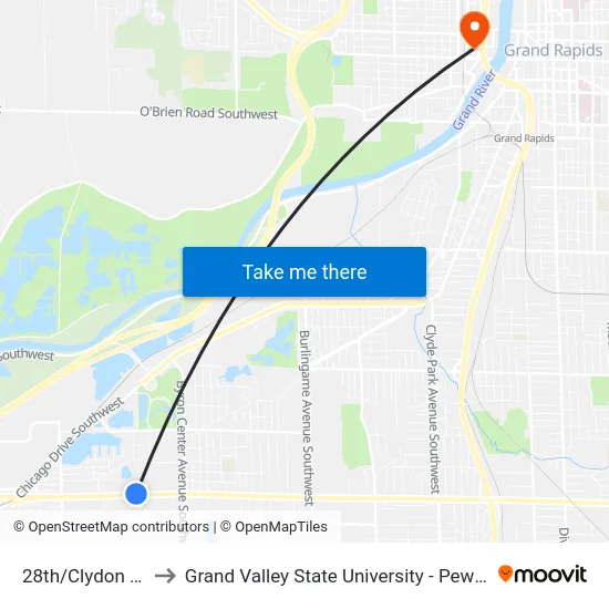 28th/Clydon (Wb) to Grand Valley State University - Pew Campus map