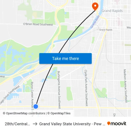 28th/Central (Eb) to Grand Valley State University - Pew Campus map