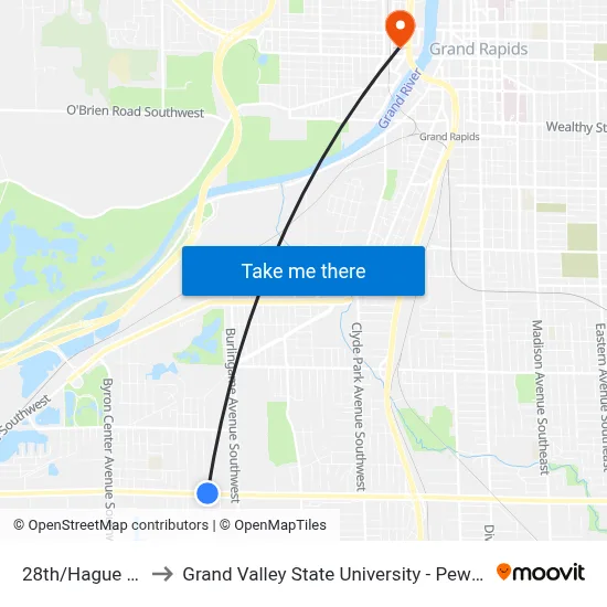28th/Hague (Wb) to Grand Valley State University - Pew Campus map