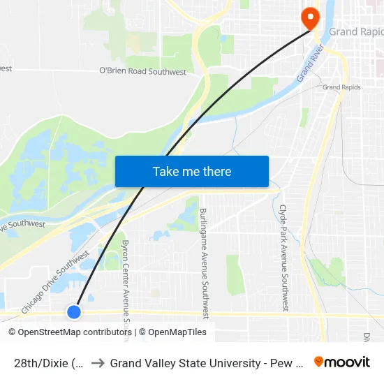28th/Dixie (Wb) to Grand Valley State University - Pew Campus map
