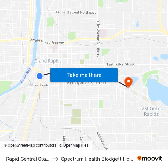 Rapid Central Station to Spectrum Health-Blodgett Hospital map