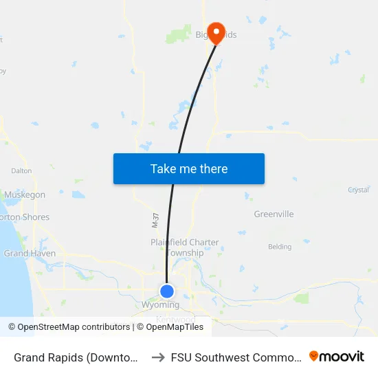 Grand Rapids (Downtown) to FSU Southwest Commons map