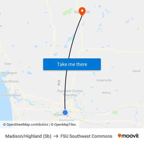 Madison/Highland (Sb) to FSU Southwest Commons map