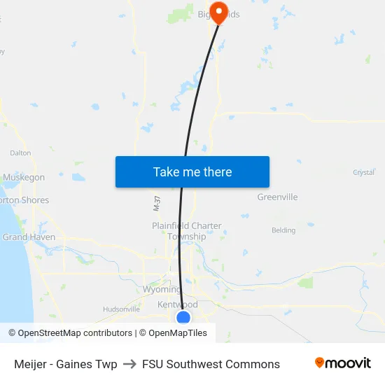 Meijer - Gaines Twp to FSU Southwest Commons map