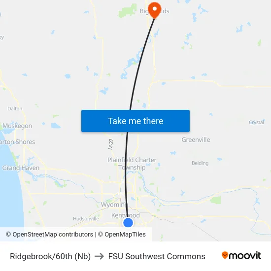 Ridgebrook/60th (Nb) to FSU Southwest Commons map