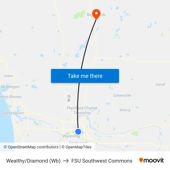 Wealthy/Diamond (Wb) to FSU Southwest Commons map